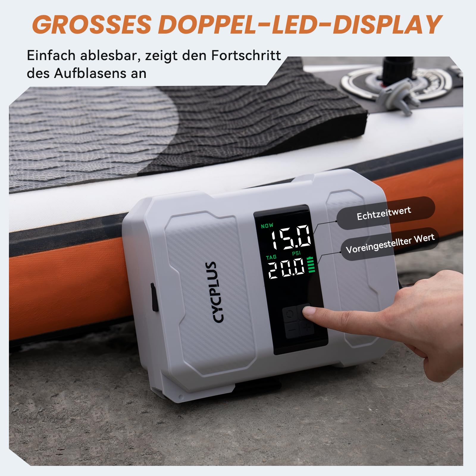 CYCPLUS SUP Pumpe, 20PSI, 5200mAh Akku, Aufpumpen & Ablassen | Zwei-Stufen-Aufpumpen, Auto-Stopp & Doppel-LED-Anzeige, für SUP Board Schlauchboot Zelt Matratze