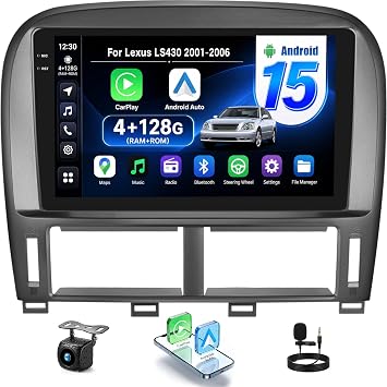 [4+128GB] Android 15 Car Radio Stereo for Lexus LS430 2001 2002 2003 2004 2005 2006 with Wireless CarPlay Android Auto,9" Screen Car Radio with Bluetooth GPS WiFi FM/RDS DSP EQ SWC Backup Camera