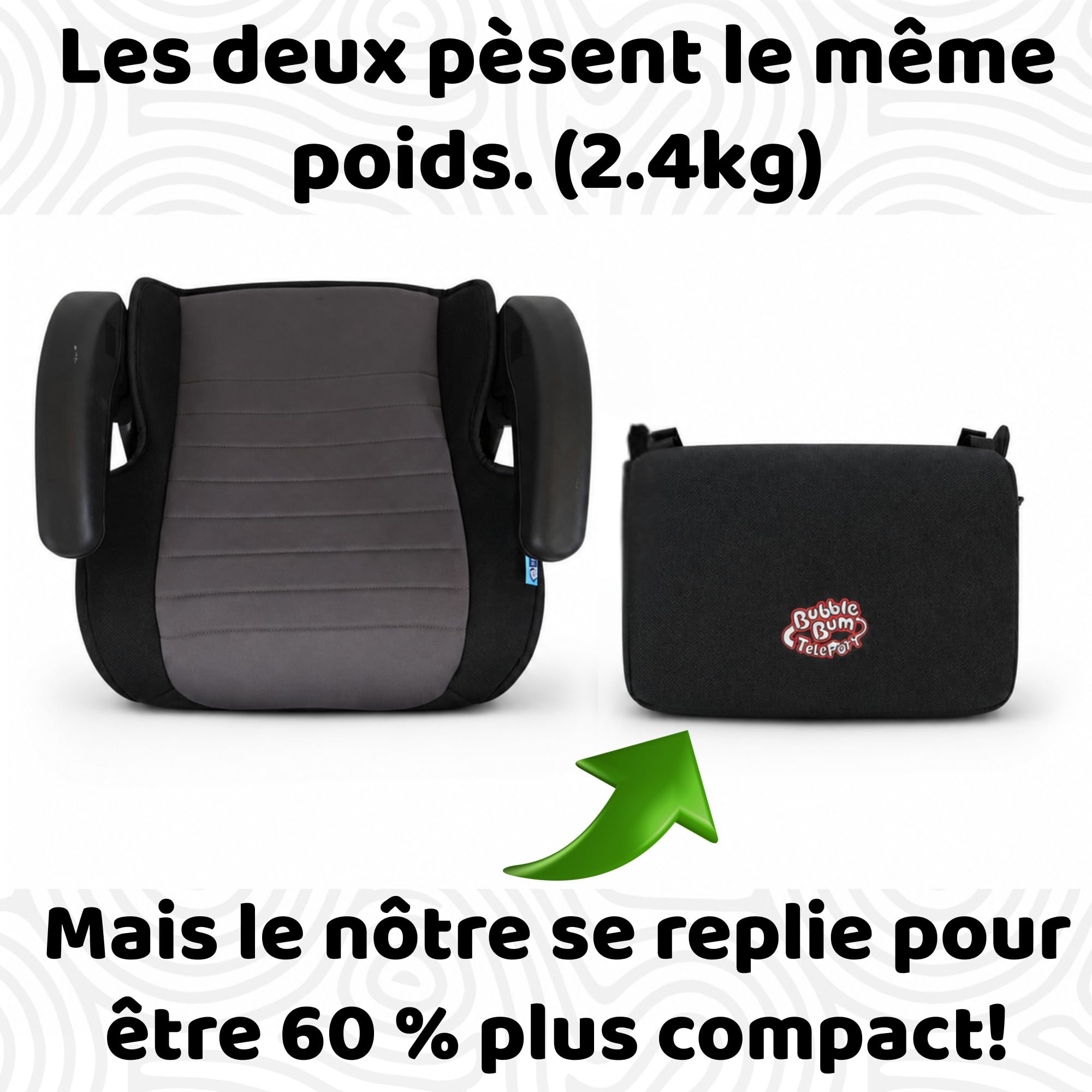 BubbleBum TelePort Rehausseur Voiture Enfant, Sièges Auto Voyage San Dossier, Réhausseur Voiture, Siège Auto Pliable Portable, Siege Auto Enfant 125-150cm, 5 à 12 ans, Groupe 2/3, i-Size R129 - Noir