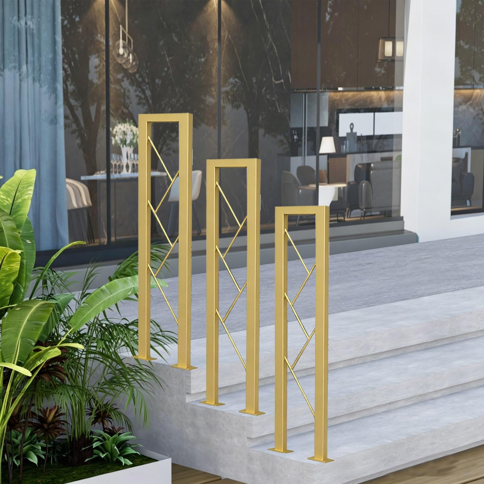 U-Shaped Wrought Iron Hand Rails Floor Mount Outside Stair Railings Kit｜Porch Deck Handrail Picket for Cement Concrete Steps Grab Rails, Gold Black(Gold,75cm/30in)