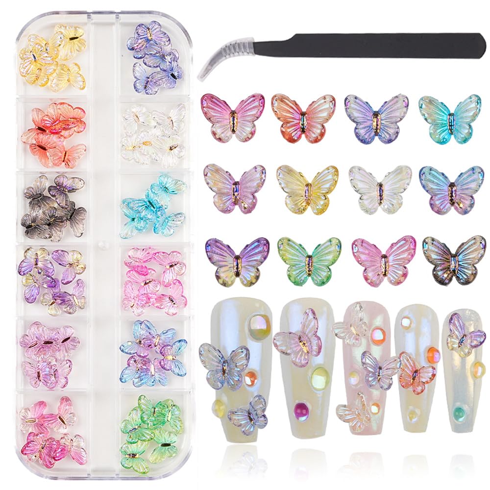 Butterfly Nail Charms - Colorful Nail Butterfly Charms with Tools- 12 Grid Resin Butterfly Nail Charms, Nail Art Supplies for Nails Jewelry Making DIY