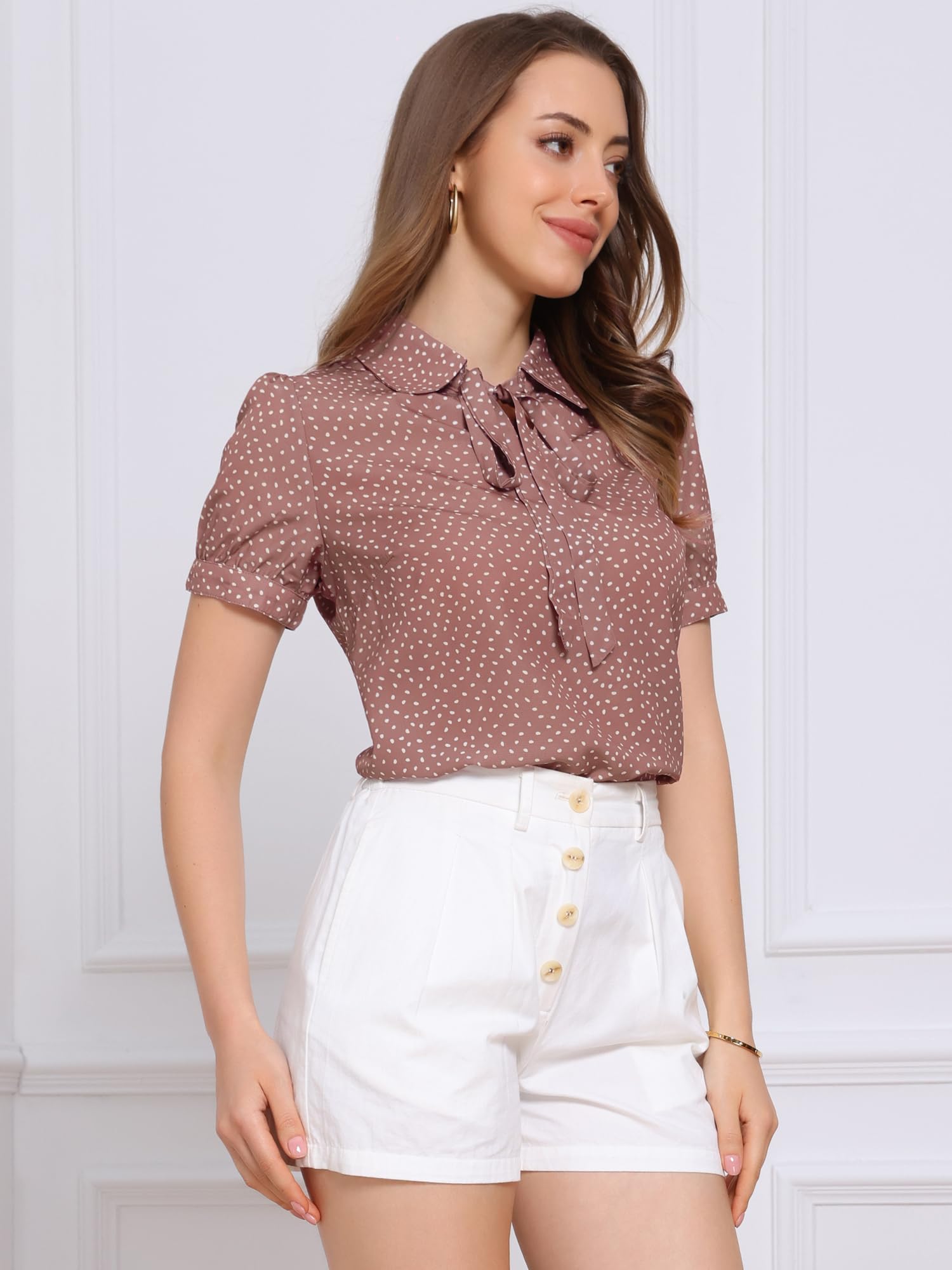 Allegra K Damen Polka Dots Oberteil Kurzarm Bubikragen Krawatten Ausschnitt Chiffon Punkte Top Bluse