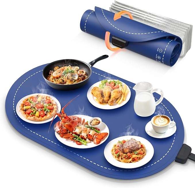 Food Warming Mat for Table & Buffet(24"x15"), Fast Heating Serving Tray with Adjustable Temperature & Timer, Foldable Silicone Heating Mat for Family Meals, Parties & Holiday Hosting