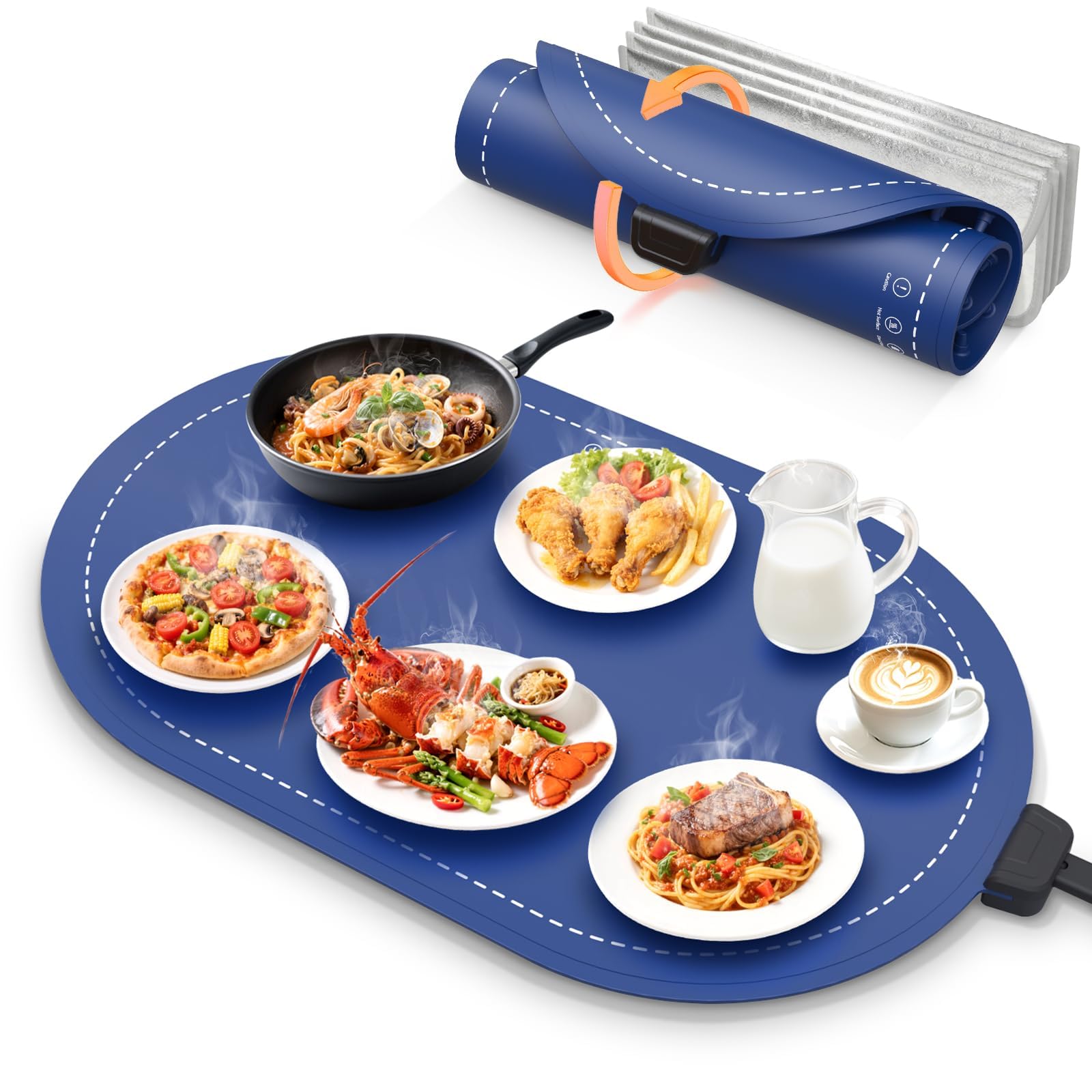 Food Warming Mat for Table & Buffet, Fast Heating Serving Tray with Adjustable Temperature & Timer, Foldable Silicone Heating Mat for Family Meals,