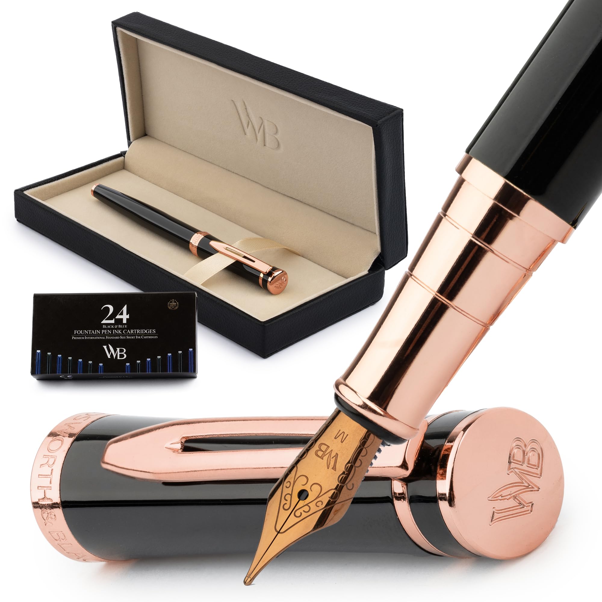 Wordsworth & Black Fountain Pen Set, 18K Gold Plated Medium Nib, 24 Pack Ink Cartridges, Ink Refill Converter, Gift Box, Gold Finish, Calligraphy, [Black Rose Gold], For Men and Women : Office Product