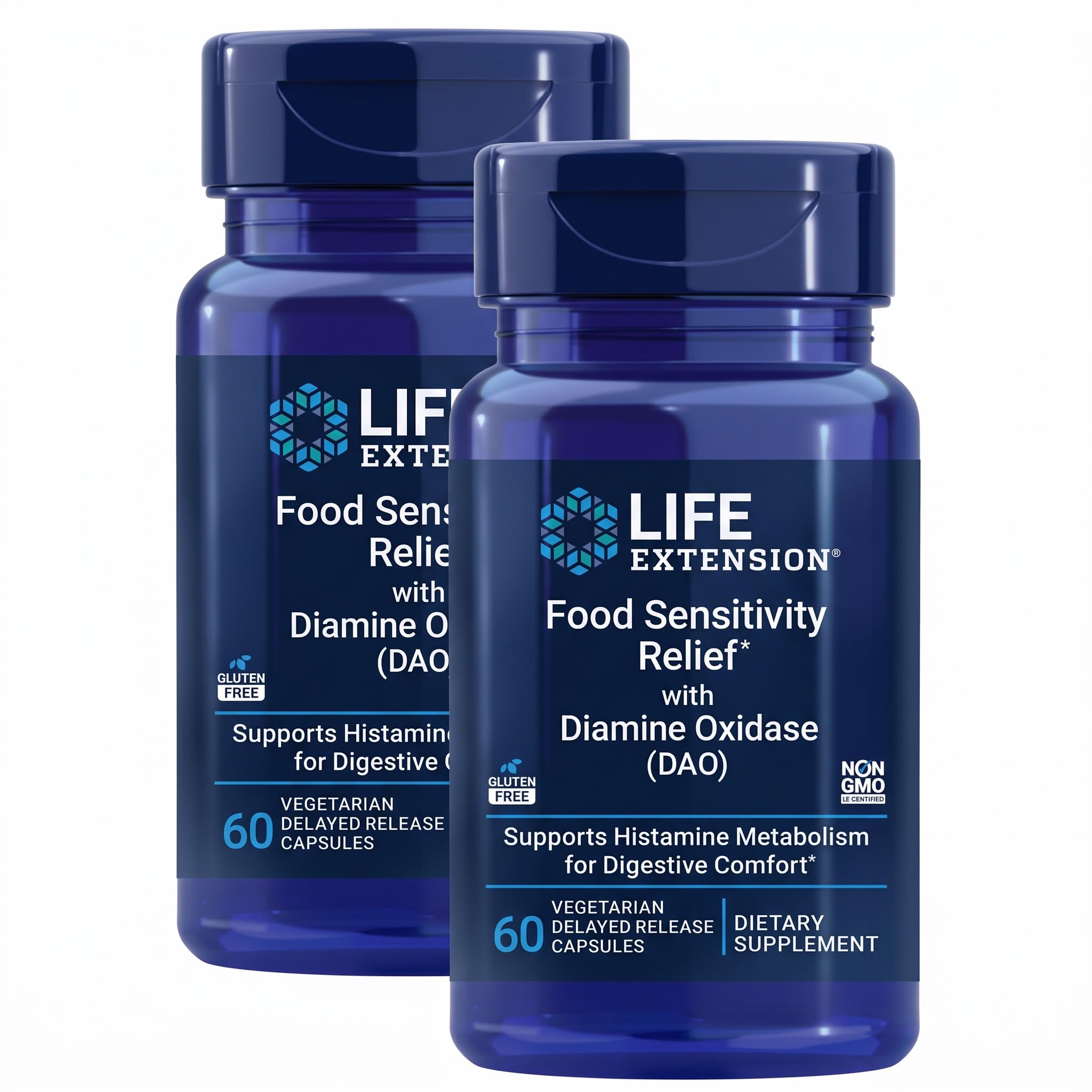 Life Extension Food Sensitivity Relief with Diamine Oxidase (DAO),Occasional Gas,Digestive Comfort,histamine Sensitivity,DAO Enzyme Supplement,Gluten Free,Non-GMO,Vegetarian,60 Capsules,(Pack of 2)