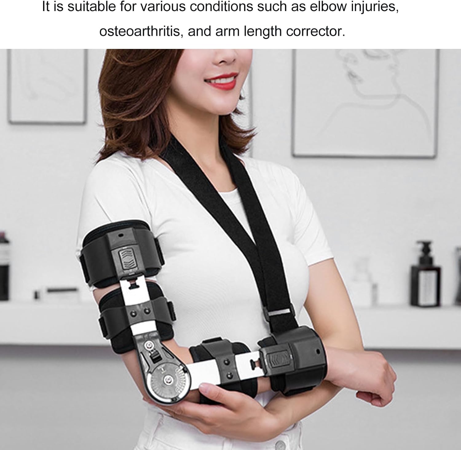 Hinged ROM Elbow Brace with Strap Sling, Adjustable Aluminium Alloy Post OP ROM Elbow Brace Stabilizer Splint Arm Injury Recovery Support for Women & Men (Right Hand)