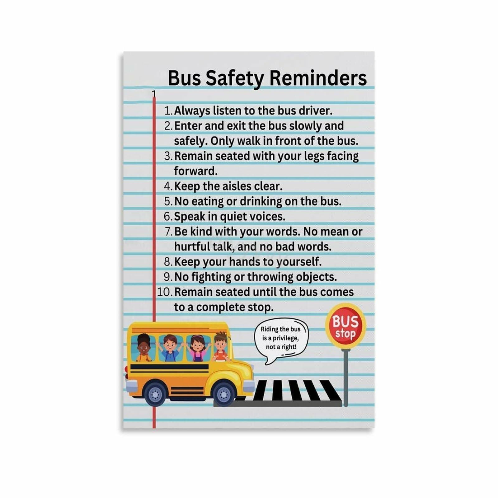 VWWJCCRO School Bus Rules Classroom Poster Canvas Wall-Art Print for Kindergarten Preschool Elementary School Educational Decor(Unframed,08x12inch(20x30cm))