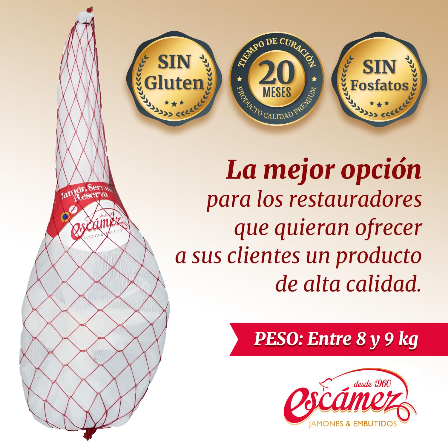 Jamon Serrano ETG Reserva C/P | Perniles de 8 a 9 kilos | Premiado al mejor Jamón 2020 | Jamón Serrano de Curación Superior a 20 meses | Sin Gluten