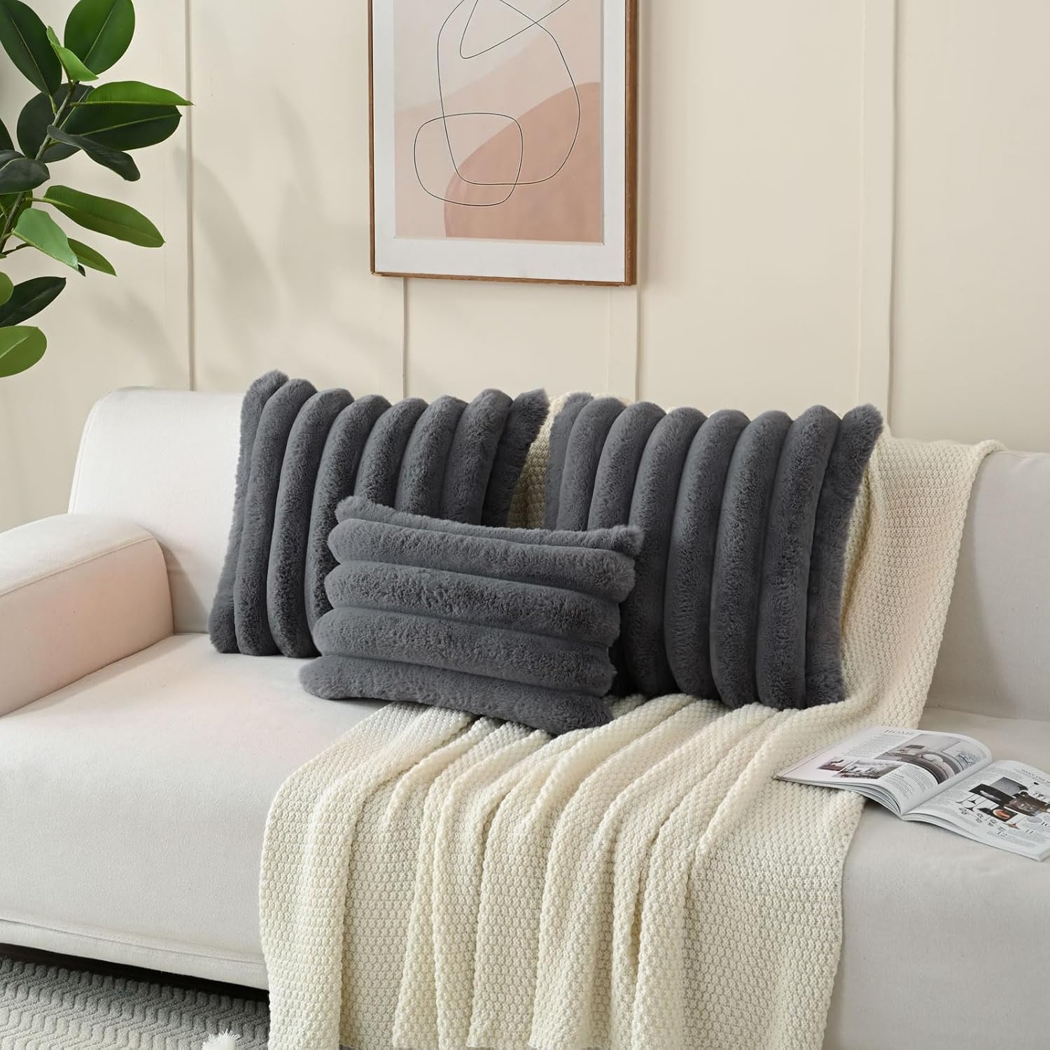 FUTEI Dark Grey Decorative Throw Pillow Covers 18x18 Inch Set of 2, Square Soft Faux Rabbit Fur Big Striped Cushion Cover,Home Decor for Couch Sofa Bed Living Room - Image 5