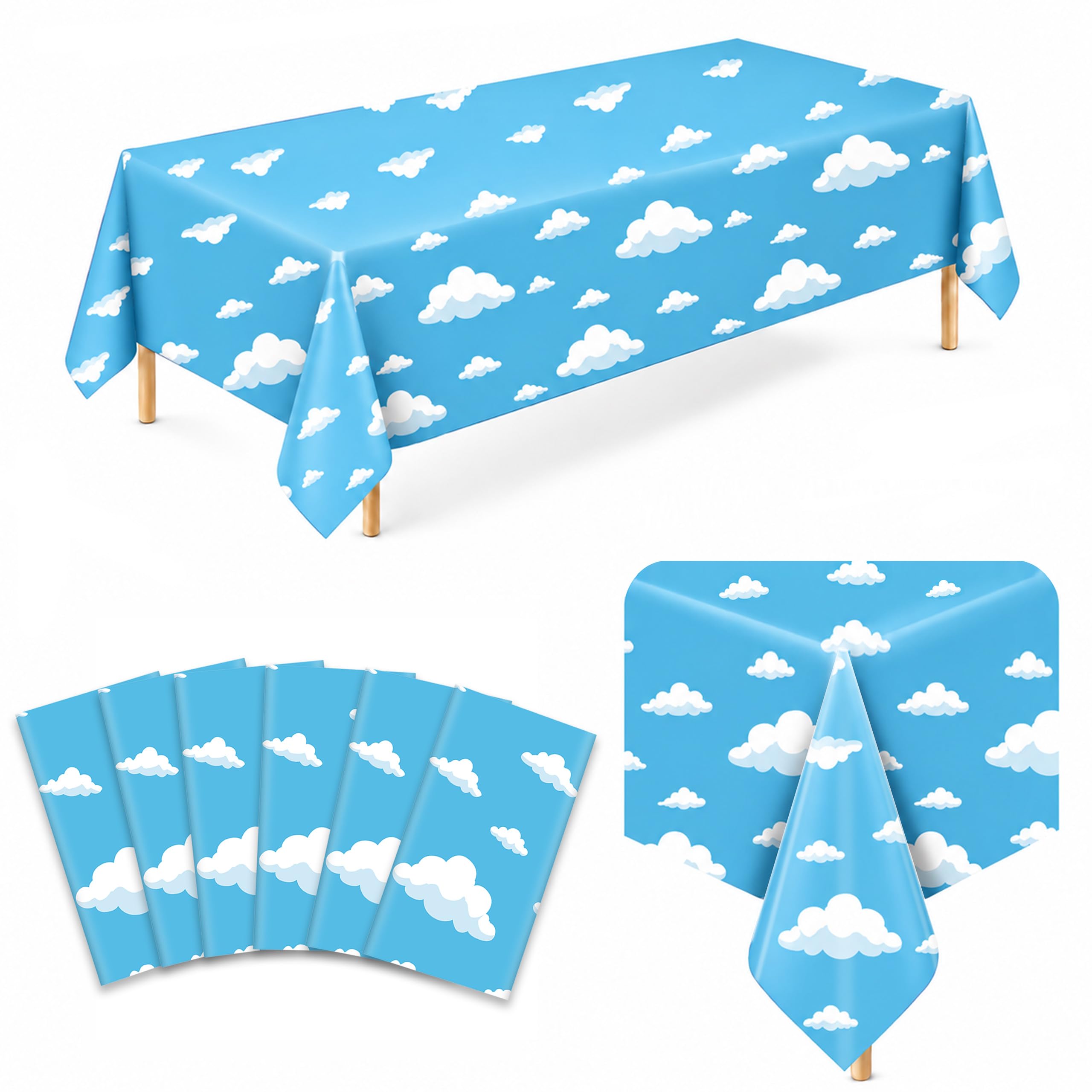 6 Pack Blue Sky Cloud Plastic Tablecloths, 54 x 108 in, Disposable Covers