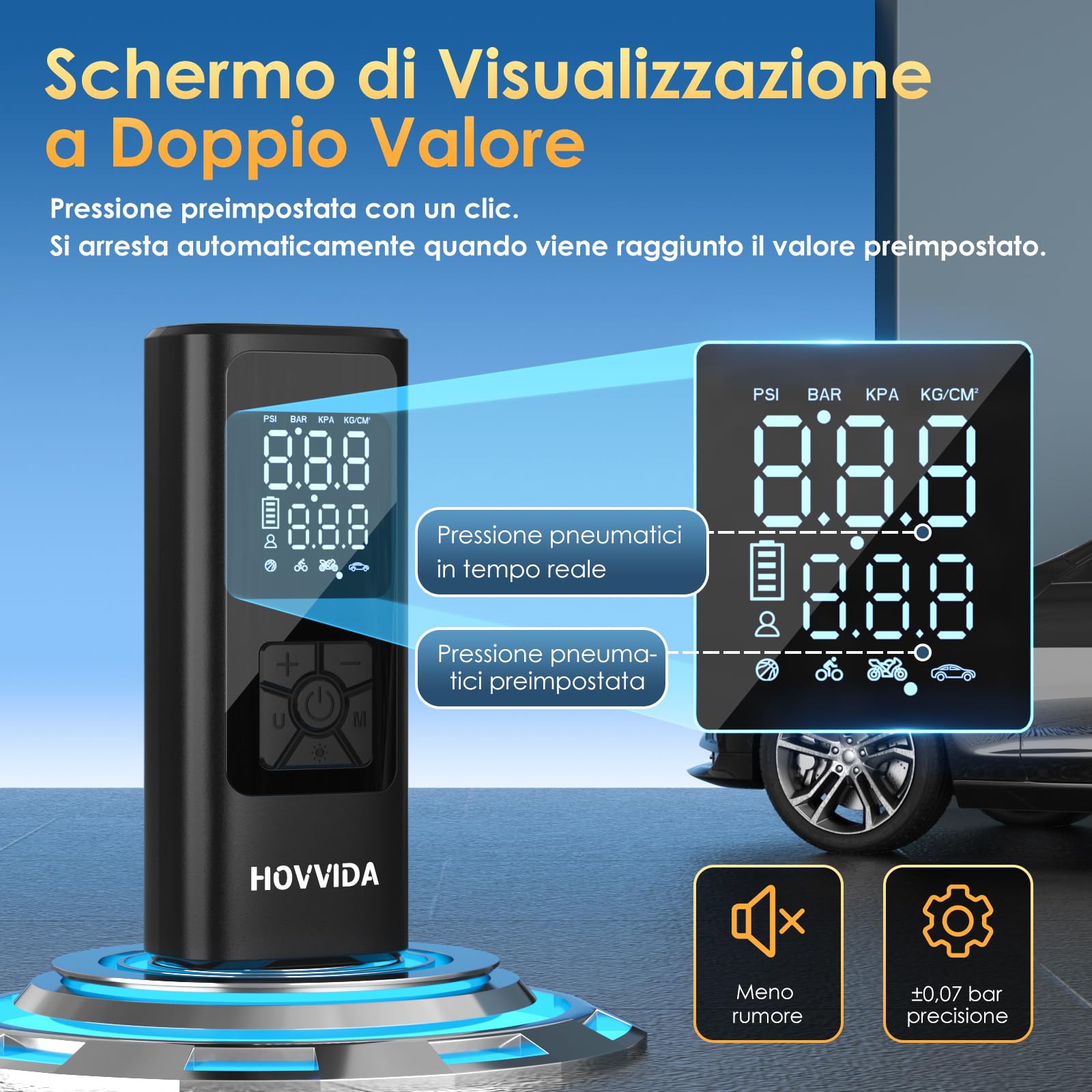 HOVVIDA Compressore Aria Portatile, Compressore Portatile, Compressore Portatile Moto, 150 PSI (10,3 Bar) 5V, Inflazione Rapida, Spegnimento Automatico, LED, per Auto, Moto, Bicicletta, Palla