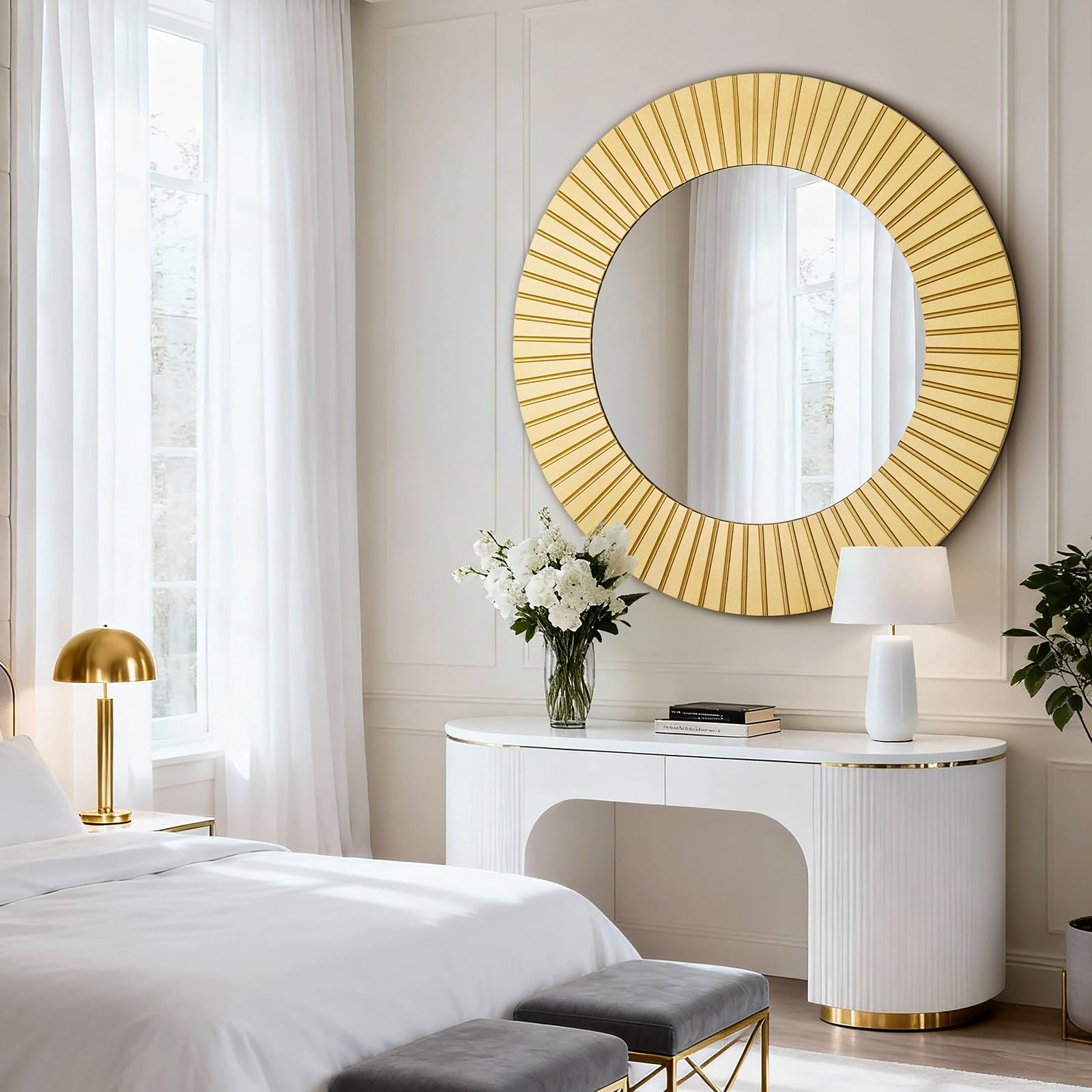 Condition photo showing New/Like New for Chende 42'' Round Gold Mirror for Living Room, Large Decorative Mirror for Wall with Wood Frame, Elegant Accent Gold Mirrors for Bathroom, Entryway, Bedroom