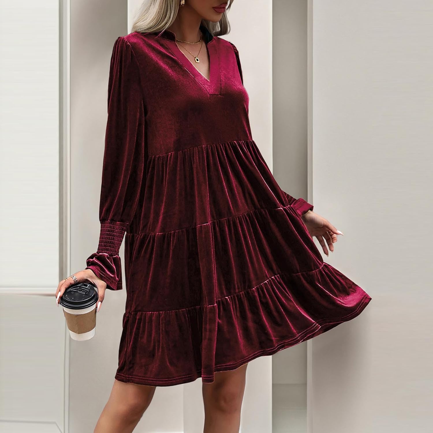 Xiaojmake 2025 Women Elegant Velvet Dresses Casual Fall Long Sleeve V Neck A Line Flowy Babydoll Dress Formal Mini Dresses