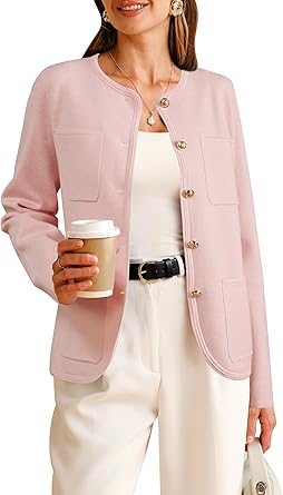 Pink Wool Blend Sweater Blazers with Pockets