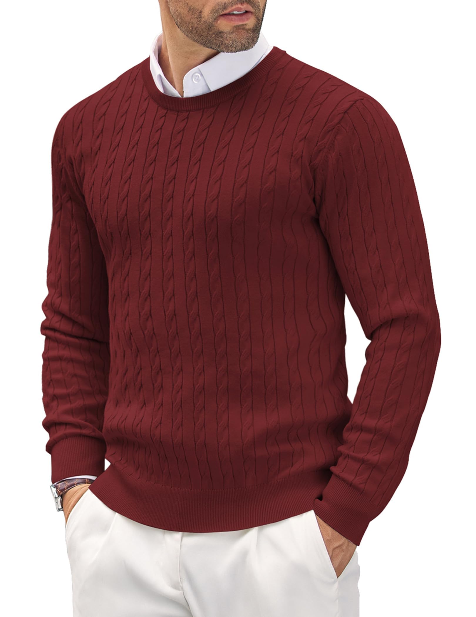 COOFANDY Herren Pullover Rundhals Zopfmuster Leichter Feinstrickpullover | Strukturierte Oberfläche, Klassisches Muster, Weicher Griff, Vielseitig Kombinierbar