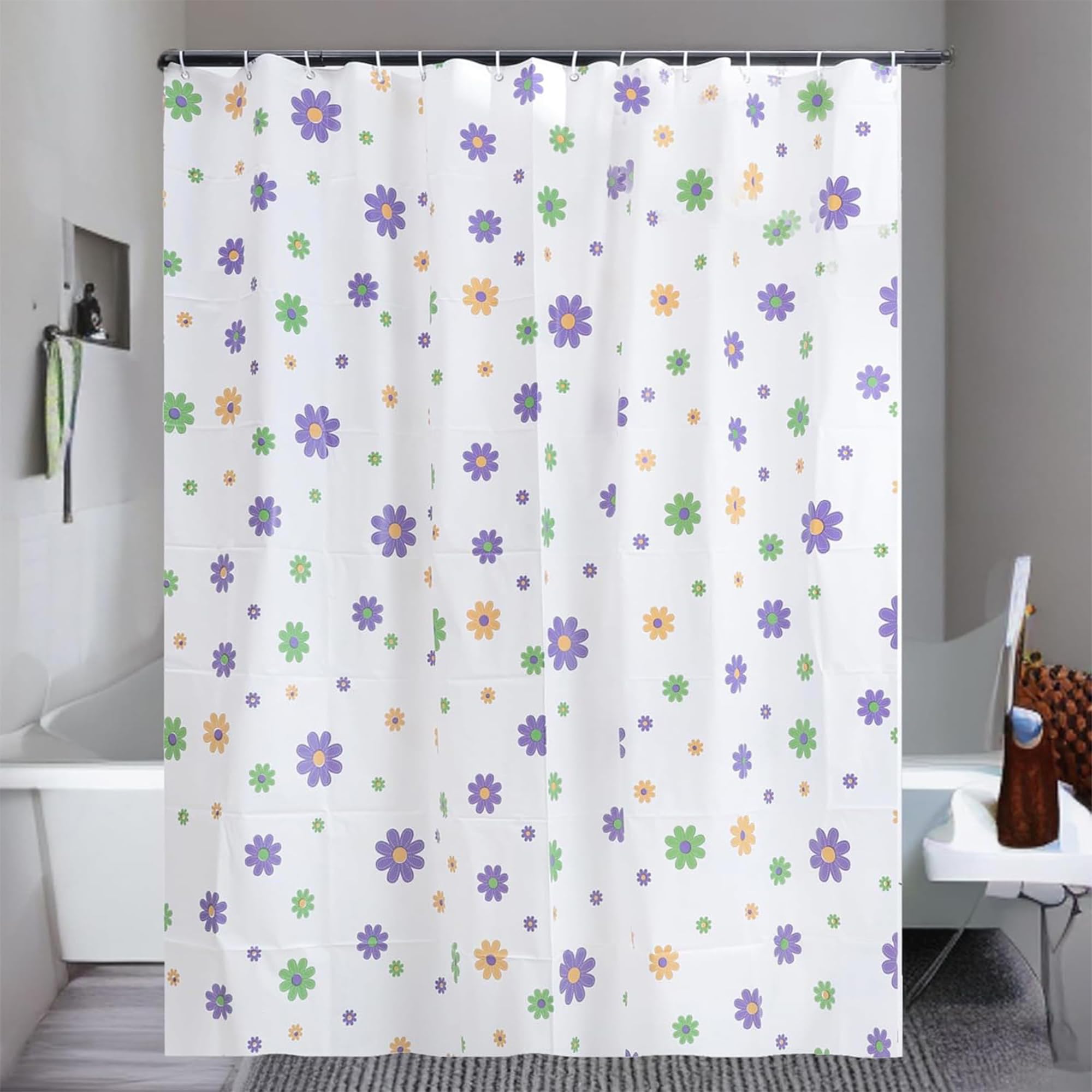 Homestic 6x6 Ft Waterproof Shower Curtains for Bathroom | Washroom Partition Screen & Wall Divider Parda for Bath | Floral Print - White