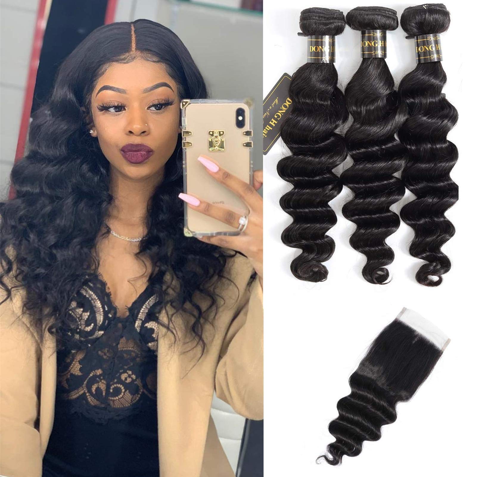 Peruvian Loose Deep Wave Bundles with Closure, (16''18"20"+14Closure)8A Peruvian Virgin Hair Loose Deep Hair Bundles with 4X4 Free Part Top French