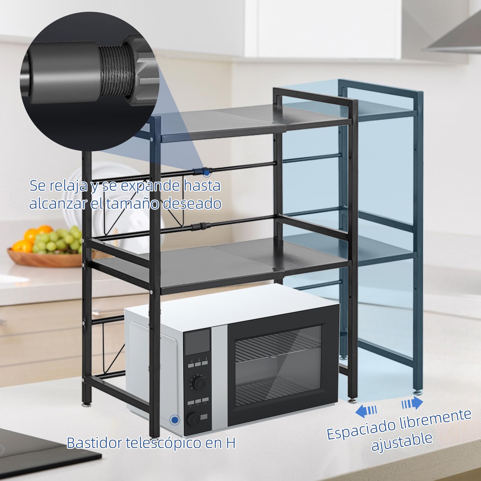 Estantería para microondas, 2 Niveles, Ajustable, 42 – 64 cm, 75 kg de Capacidad de Carga de Acero Inoxidable, Altura Regulable, Estante de Cocina con Gancho (Negro)