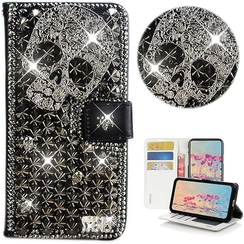STENES Bling Wallet - Funda de cuero para teléfono compatible con iPhone 11, elegante, hecha a mano en 3D, diseño de calavera punk con purpurina y