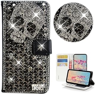 STENES Bling Wallet Phone Case Compatible with Google Pixel 6a Case - Stylish - 3D Handmade Punk Skull Glitter Magnetic Wallet Leather Cover with Neck Strap Lanyard [3 Pack] - Black
