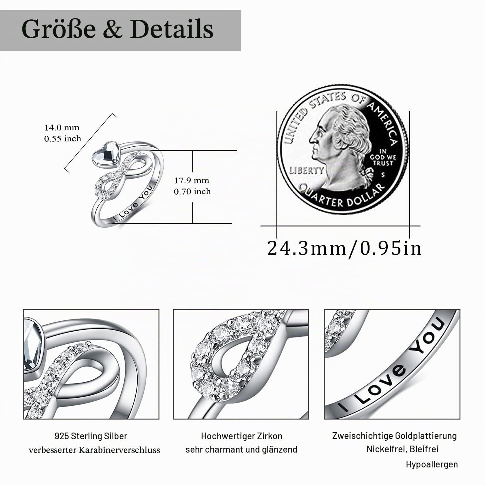 TOUPOP Unendlichkeit Ringe Für Damen 925 Sterling Silber Ringe Für Frauen Ich liebe dich Ring mit Kristall Weißgold Überzogene Einstellbare Ring Schmuck Geschenke Für Frauen