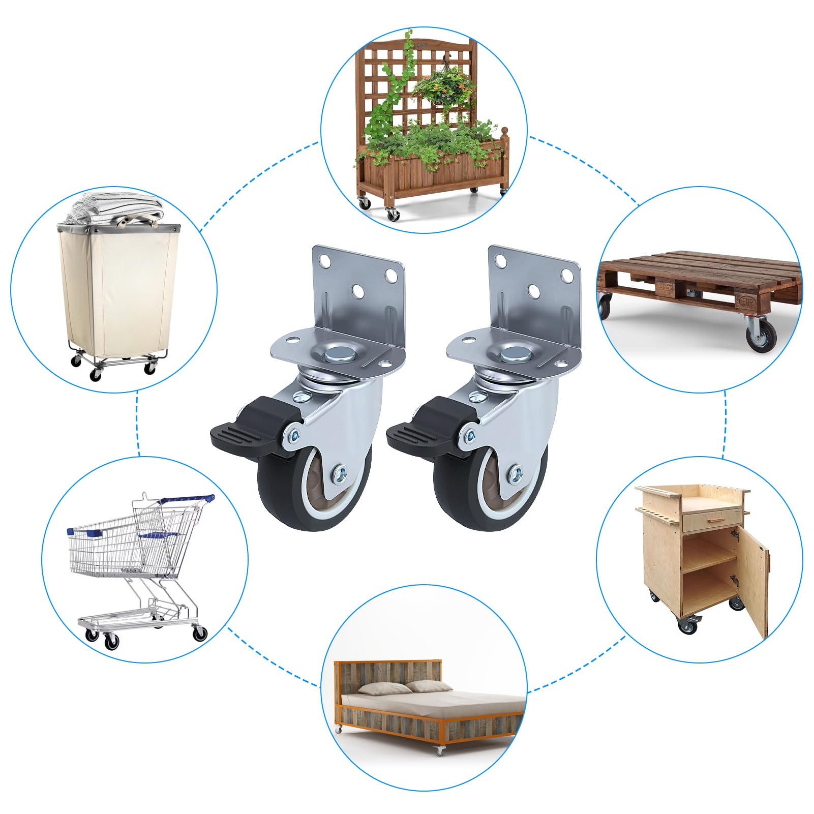 Babybay Lot de 2 roulette de meuble en L avec 2 freins - Roulettes en caoutchouc silencieuses - Pivotantes à 360° pour meubles - Idéal pour support de fleurs, table basse