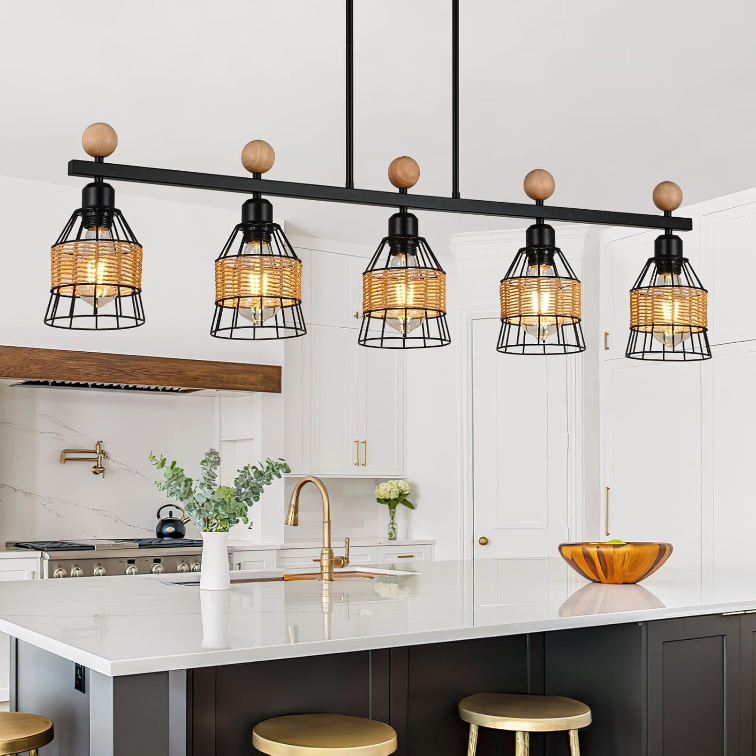 5-Light Matte Black Dining Room Ceiling Pendant Light Fixture, Farmhouse Kitchen Chandeliers Over Table, Linear Rustic Island Light Fixtures with Metal & Rattan Lampshade, Height Adjustable