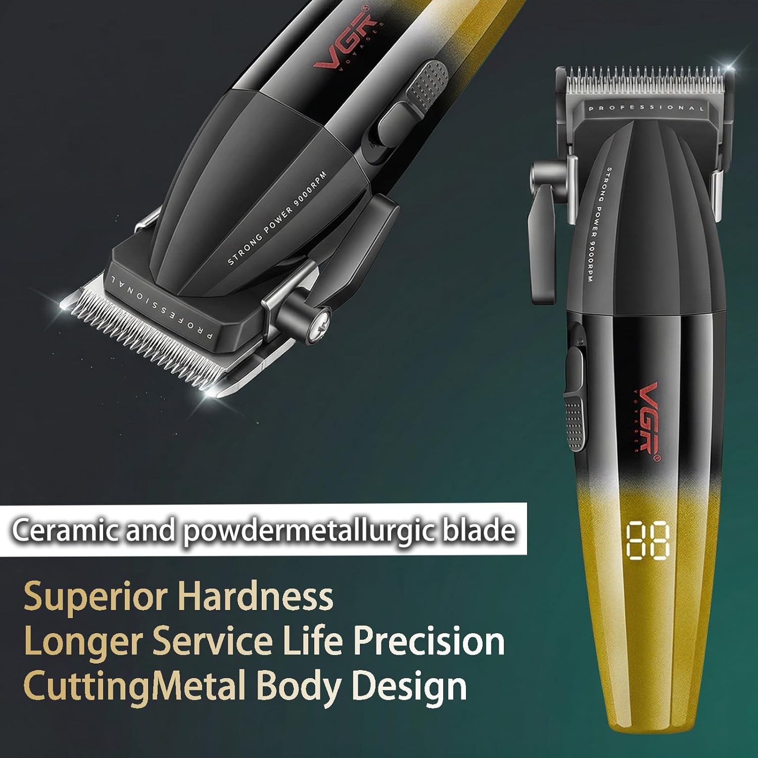 VGR 003 Fresh Fade Hair Clipper, Professional Hair Trimmer, Cord/Cordless Rechargeable Hair Cutting Tools with LED Display, 9000 RPM Barber Clippers, Gold