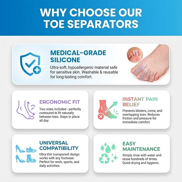 8 Stück Zehenspreizer Silikon, Fußzehenspreizer Zehentrenner Pediküre, Gel Bunion Zehenschutz Silikon Ballenzehen Korrektur, Zehenspreizer Herren für Bunion überlappende Zehen - 4
