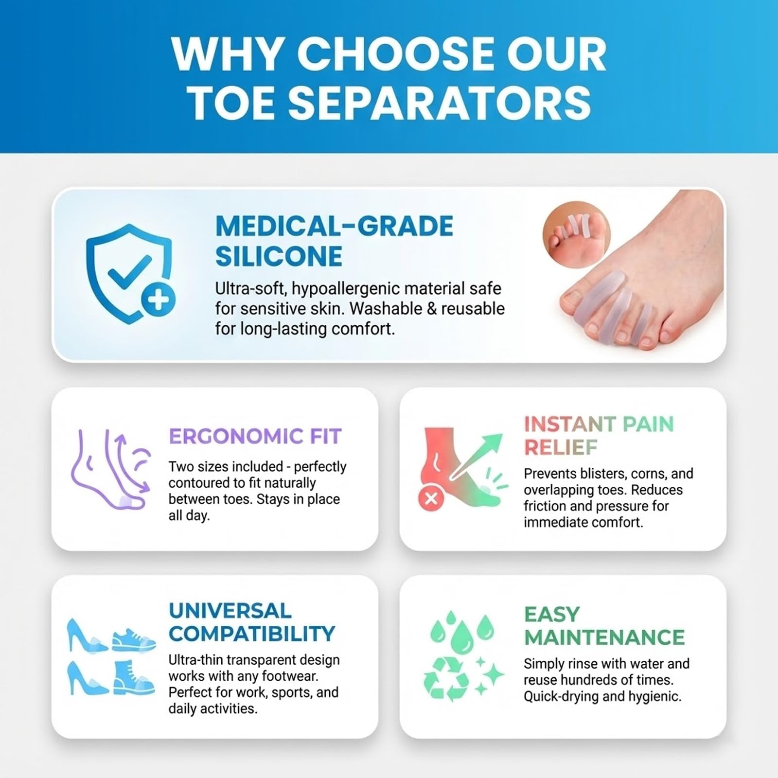 8 Stück Zehenspreizer Silikon, Fußzehenspreizer Zehentrenner Pediküre, Gel Bunion Zehenschutz Silikon Ballenzehen Korrektur, Zehenspreizer Herren für Bunion überlappende Zehen - 5