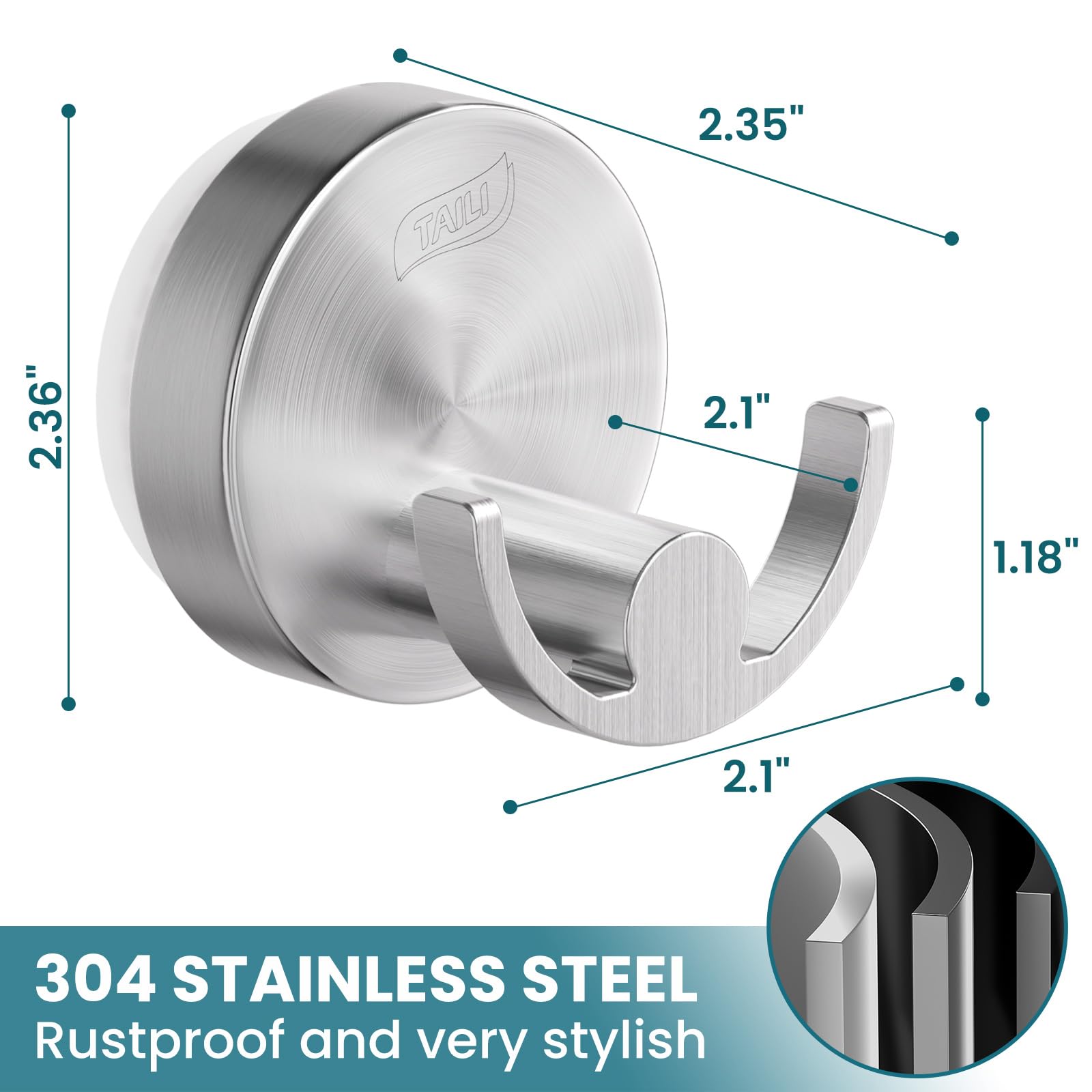 TAILI 304 Stainless Steel Bathroom Suction Hooks for Towel Bathrobe Loofah Patented Strong Suction Cup Holder No Damage — view 5