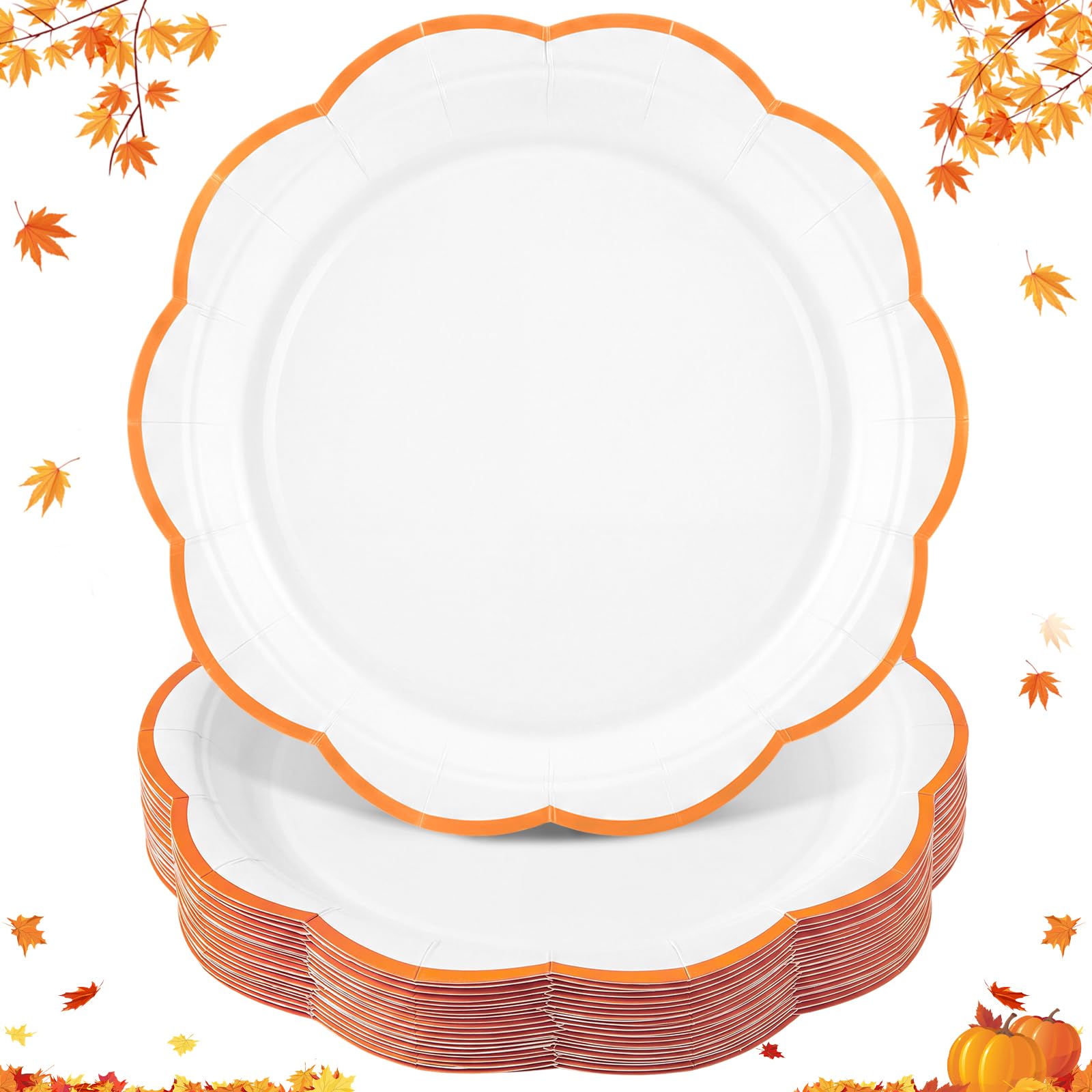 30 Pcs Orange and White Paper Plates 9 In Scalloped Fall Plates Disposable