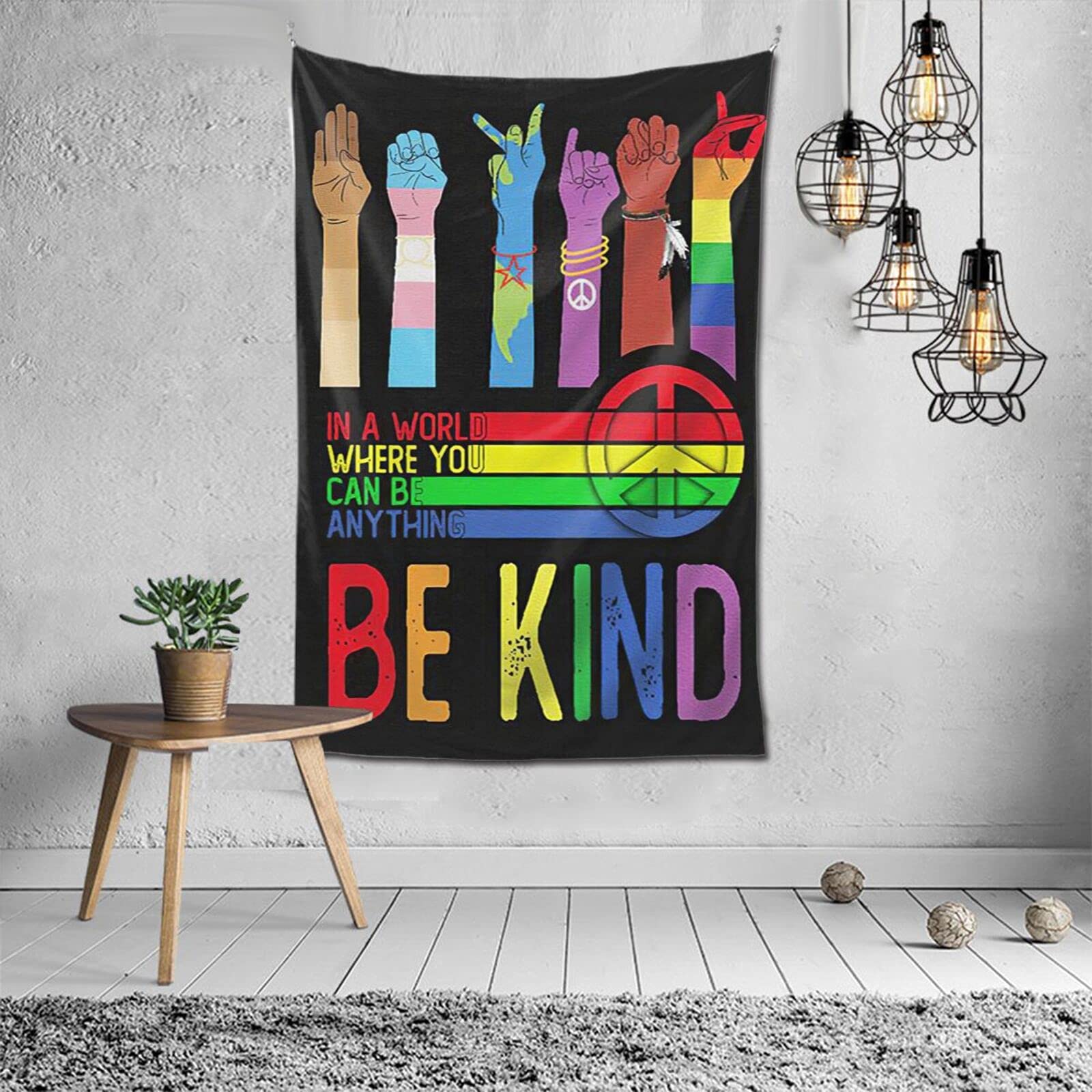 familypers Gay Pride Tapestry Be Kind LGBT Rainbow Hand Sign Language Wall Tapestry Black Hippie Love No Gender Art Tapestry LGBT Couple Tapestry Wall Hanging for Bedroom Living Room Dorm 60x40 Inch