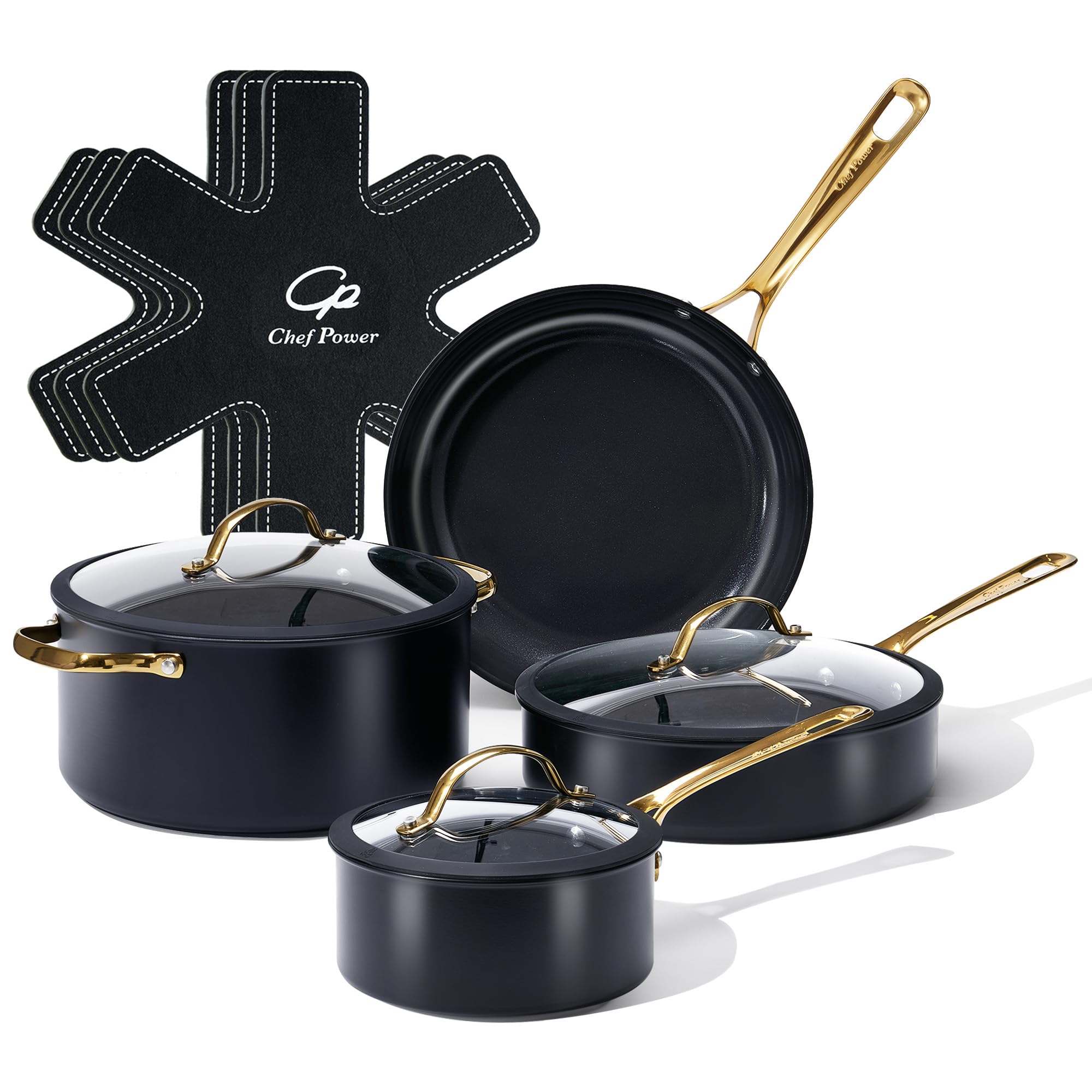 Chef Power Ceramic Cookware Sets, 10Pcs Pots and Pans Set Non Stick, Cookware Set with Stainless Steel Handle, Dishwasher & Oven Safe, Stone Black and Light Gold Handle