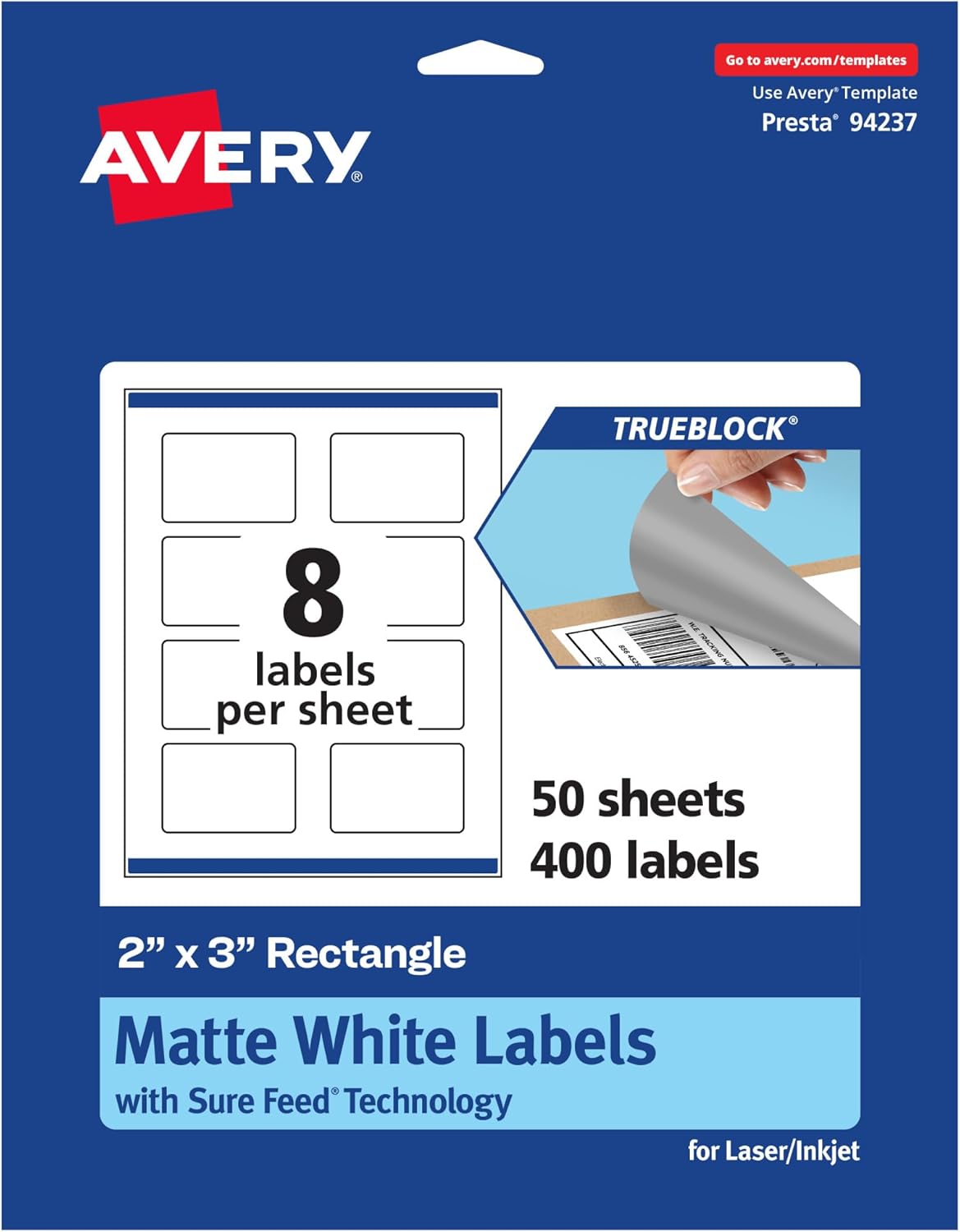 Avery TrueBlock Matte White Rectangle Labels, Sure Feed Technology, 2" x 3", 400 Matte White Labels, Print-to-The-Edge, Laser/Inkjet Printable, Great for Packaging and Product Merchandising