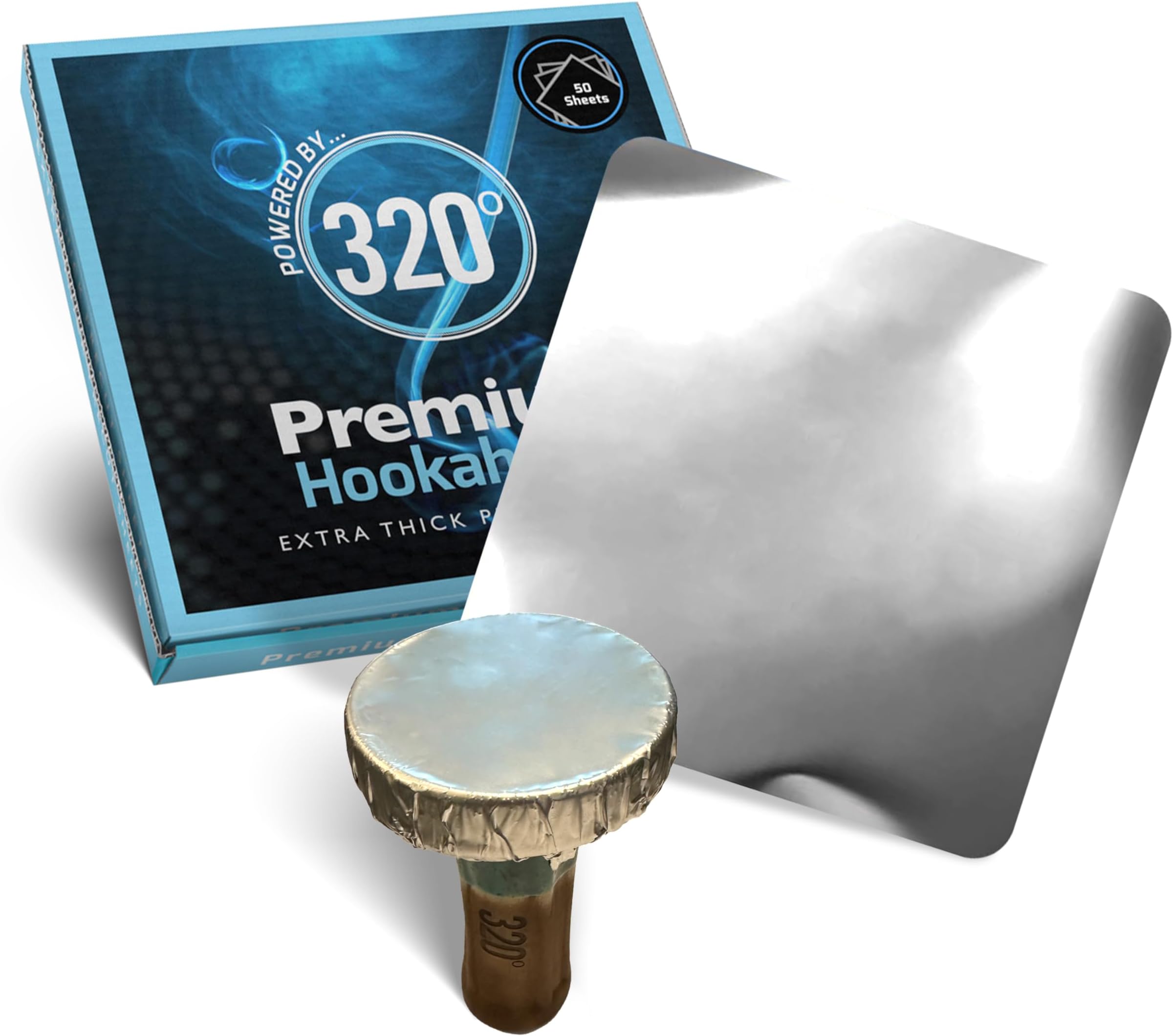 320° Premium Hookah Aluminum Foil - 50 Extra Thick Precut Sheets - 40 Micron - 150x150mm (6-inch) Square - No Holes, Nicotine Free, Ideal for Shisha and Hookah Bowls