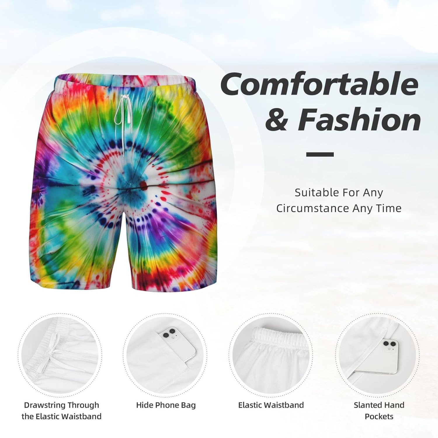 Tie Dye Hippies Print Men's Athletic Swim Shorts, Surf Pants with Compression Liner & Utility Pockets