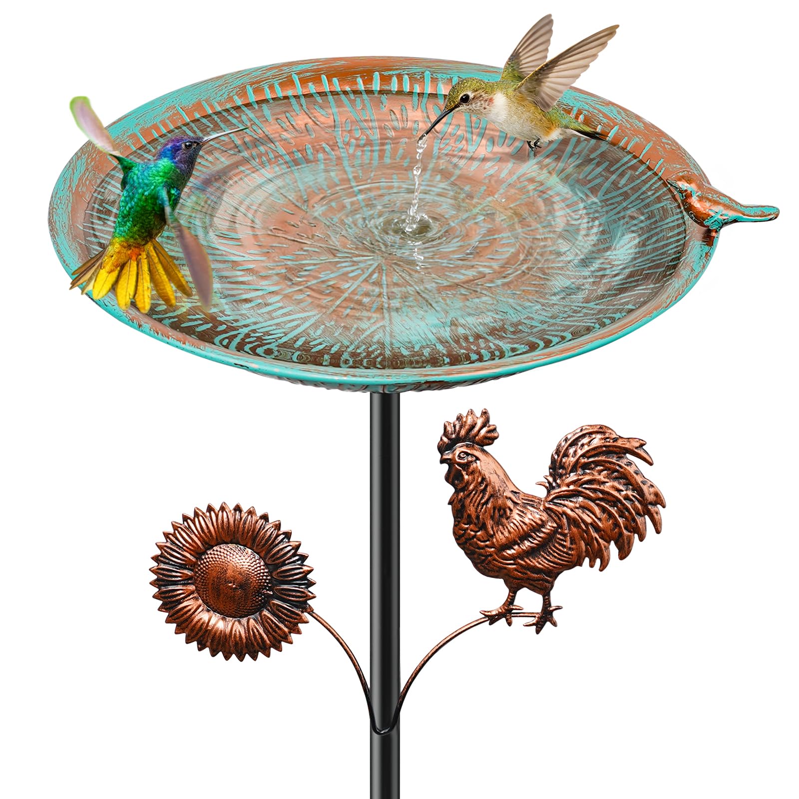 YOADEHOA 38" Metal Bird Bath for Outside, Vintage Garden Birdbath with Bird Statue, Freestanding Bird Bath Freeder with Sturdy 5 Prongs Base for Outdoors Patio Yard Lawn Decor (Retro Cyan)