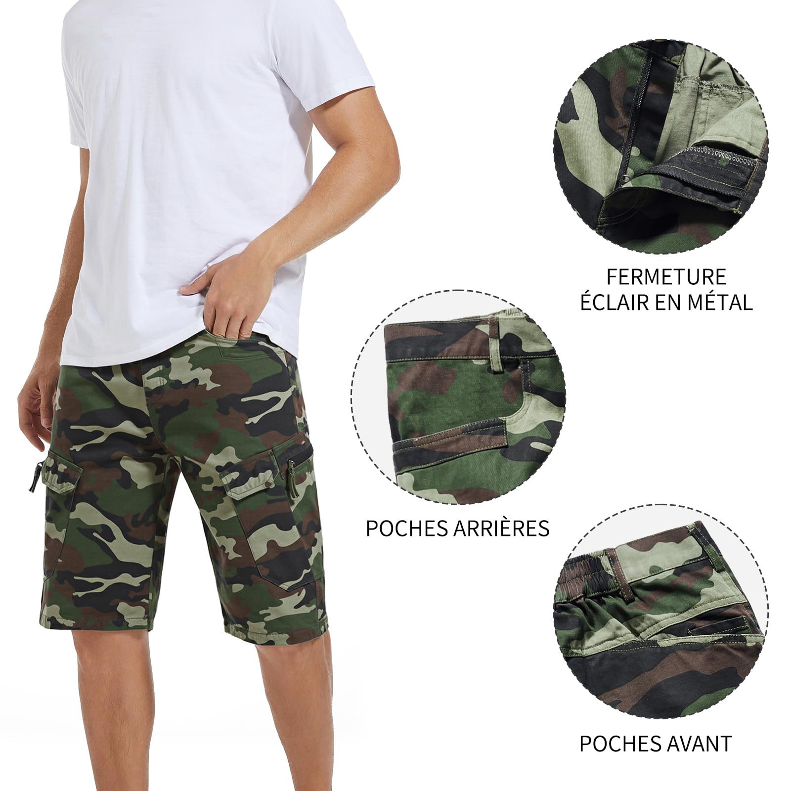 Short Bermuda Homme en Coton, Short Cargo Homme Camouflage de Plusieurs Poches Taille Élastique