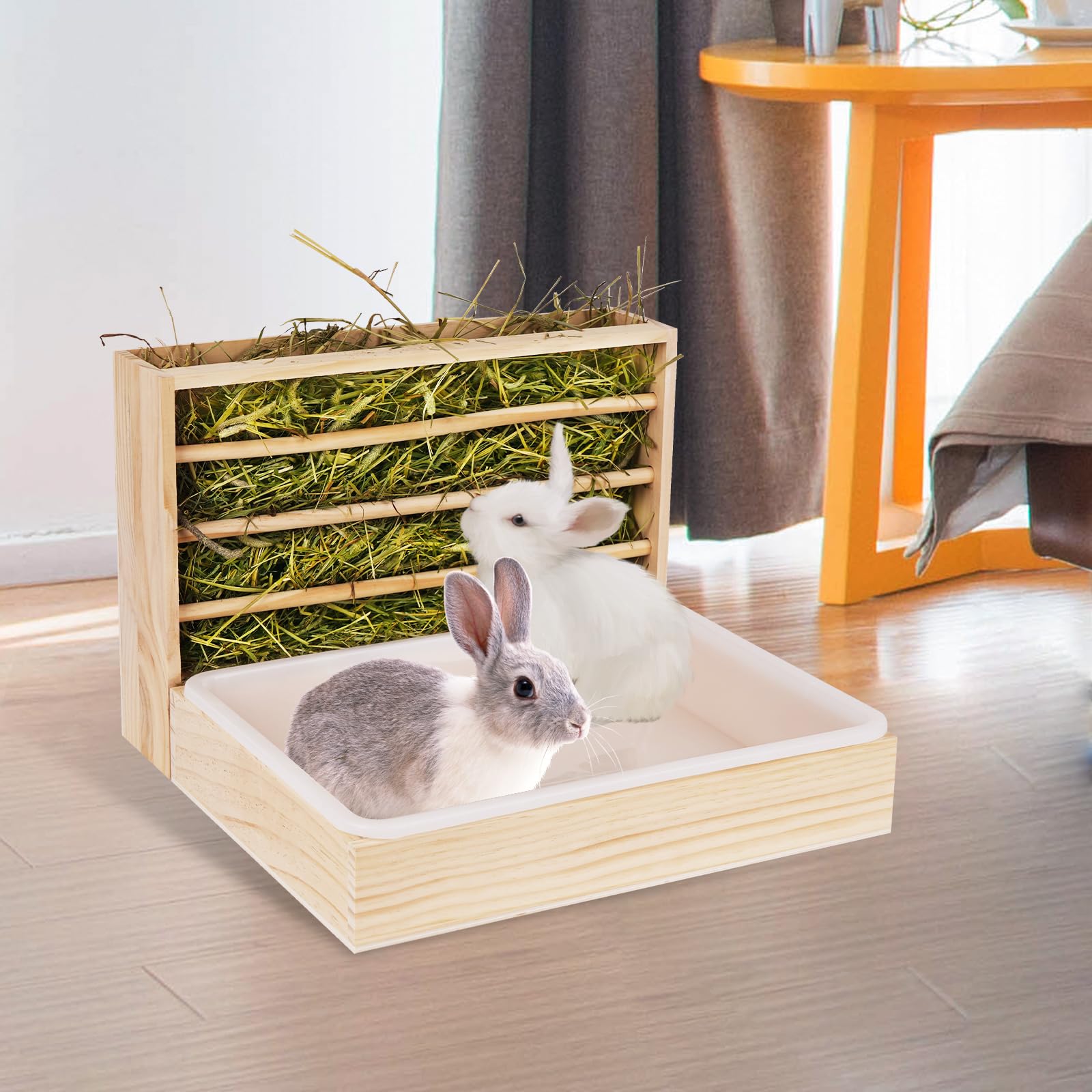 Râtelier à foin 2 en 1 en bois pour hamster avec distributeur automatique et bac à litière