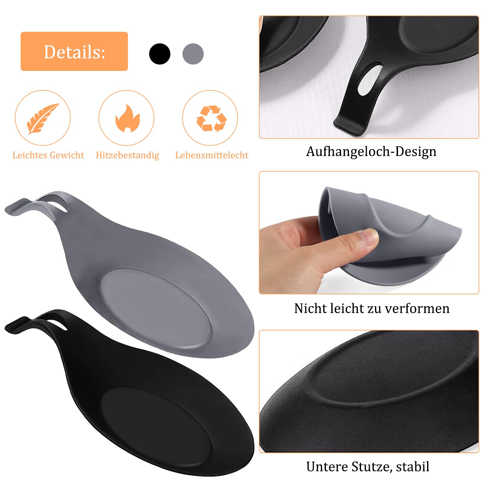 2 pcs Bandeja de Silicona para Cucharas, Soporte para Cucharas de Cocina, Bandeja de Silicona para Cucharas, Bandeja de Silicona para Cucharas de Cocina Negro + Gris,