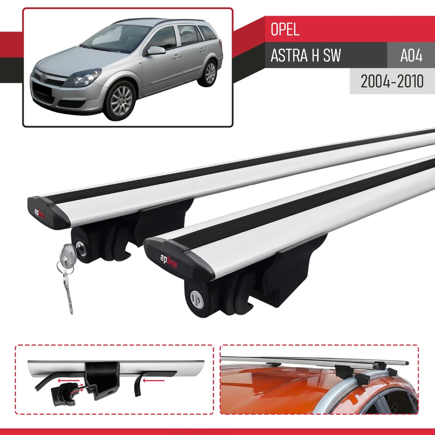 Compatibile con Opel Astra H (A04) SW 2004-2010 HOOK Model Barre Tetto Portapacchi Auto Barre Portatutto Grigo Alluminio 2 Barre