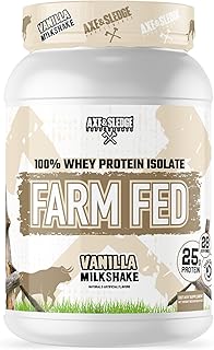 Axe & Sledge Farm Fed 100% aislado de proteína de suero | 0.88 oz de proteína | Bajo en carbohidratos, bajo en azúcar, sin gluten | Proteína en polvo para hombres y mujeres | Keto | Hecho en los Estados Unidos | 28 porciones, batido de vainilla
