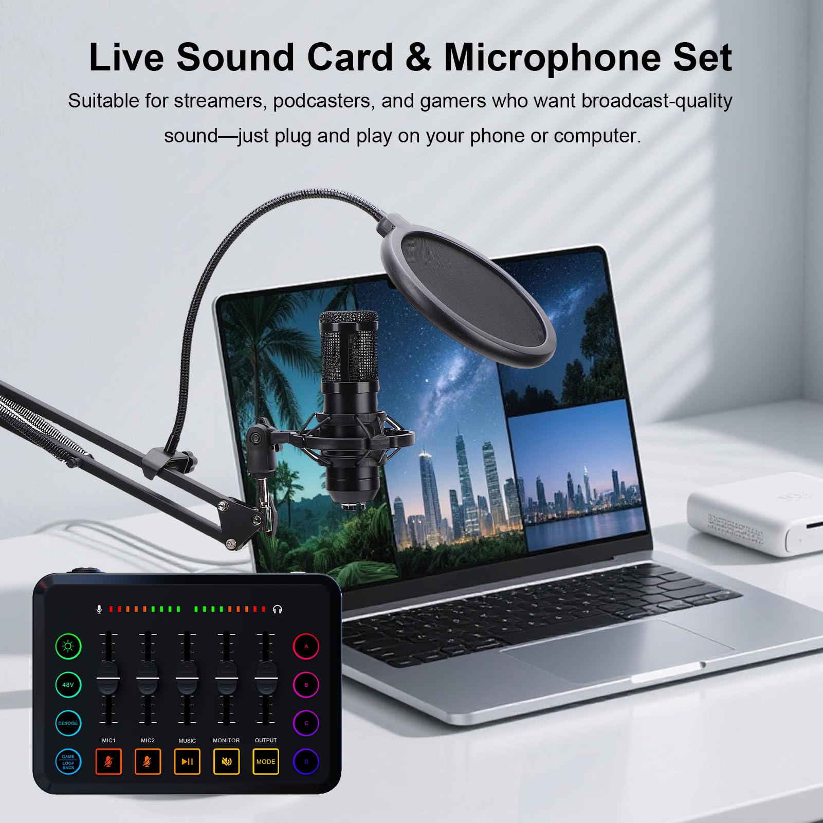 Streamer, Podcaster, Gamer mit Interface, Soundboard, Kondensatormikrofon, Galgenarm, Kabeln für Live-Streaming, Singen, Aufnehmen, Spielen auf PC/Smartphone, Rauschunterdrückung, (Goldenes
