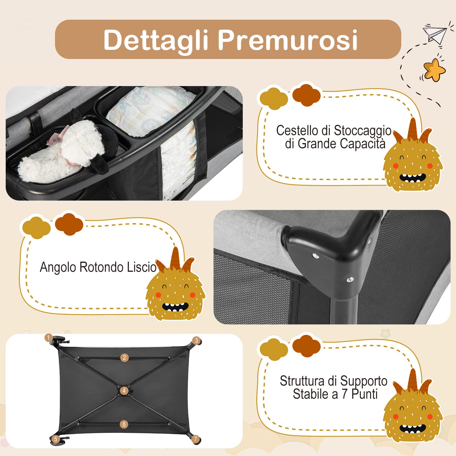 COSTWAY Lettino da Campeggio con Materasso, Lettino Pieghevole per Bambini con Fasciatoio, Culla da Viaggio con Ruote, Giocattolo, Lettino Bambini Staccabile, per Bambini 0-36 Mesi (Nero)