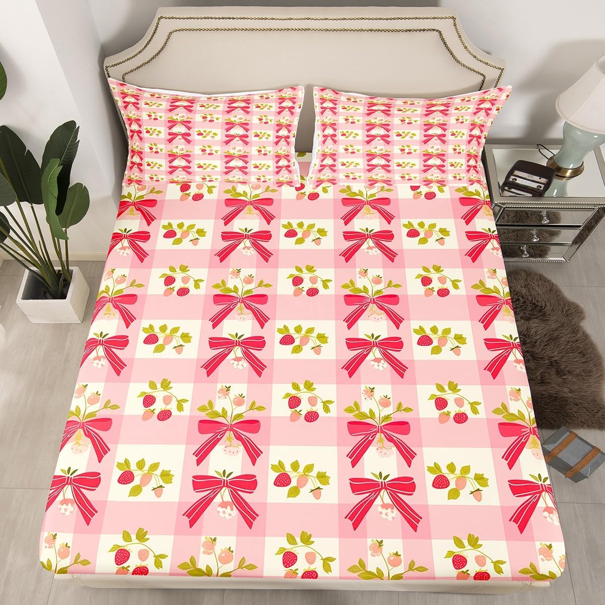 Girlish Pink Bow Fitted Sheet Twin Size Lovely Hand Drawn Bedding Set Girls Kids Bedroom Decor Geometric Bowknot Bed Cover Princess Style Bed Sheet with 1 Pillowcase,No Top Sheet