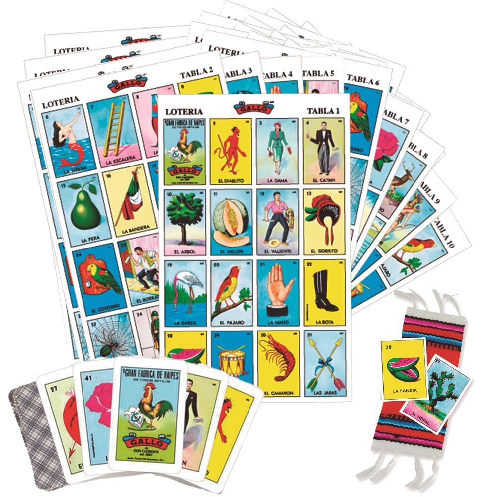 Jumbo Mexican Loteria Game Set in Spanish with Corsage Pin, Large Bingo Loteria for 10 Players