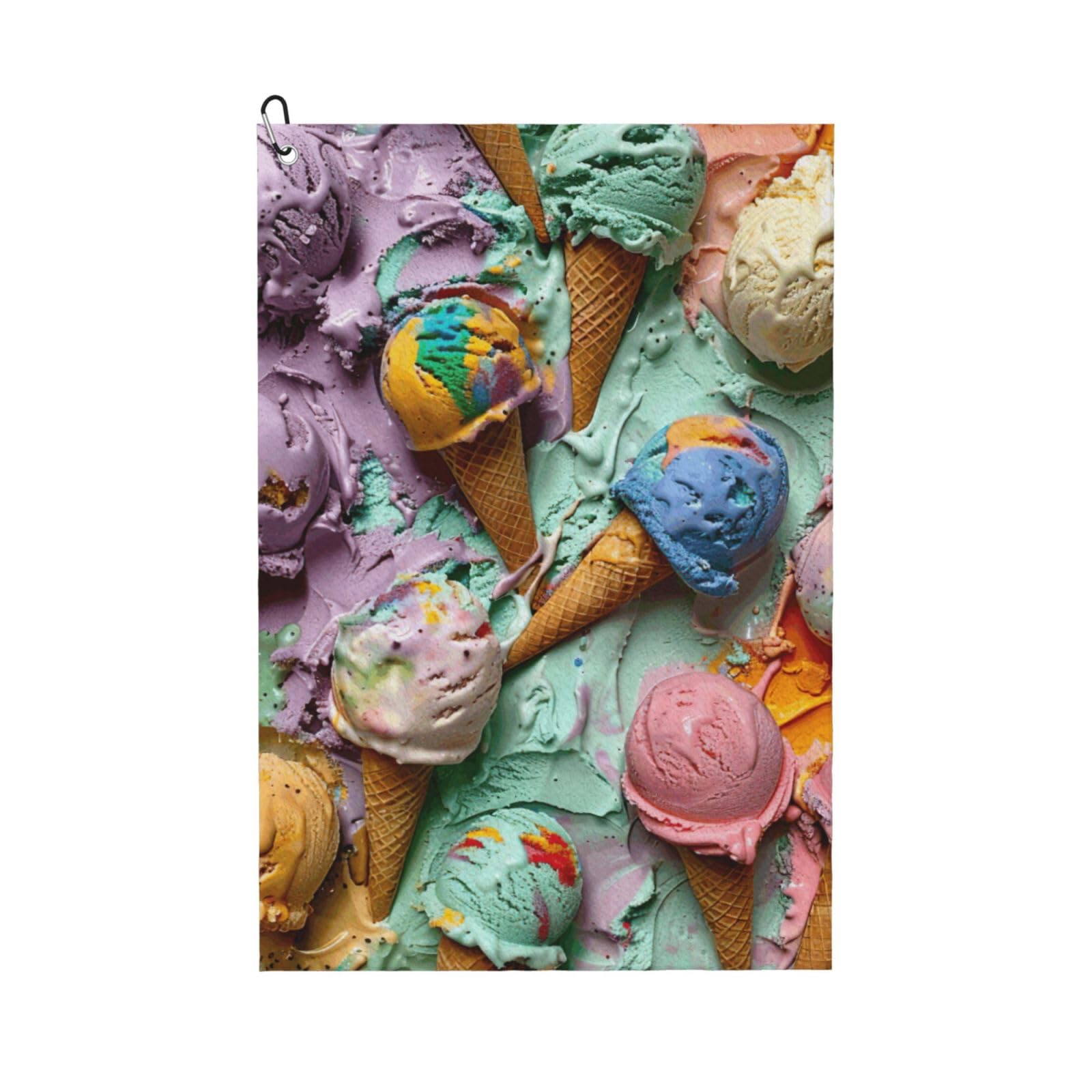 Anceky Many Colored Ice Cream Print Golf Towel 24"X16" Microfiber Golf Cleaning Towel with Carabiner Clip for Golf Bags