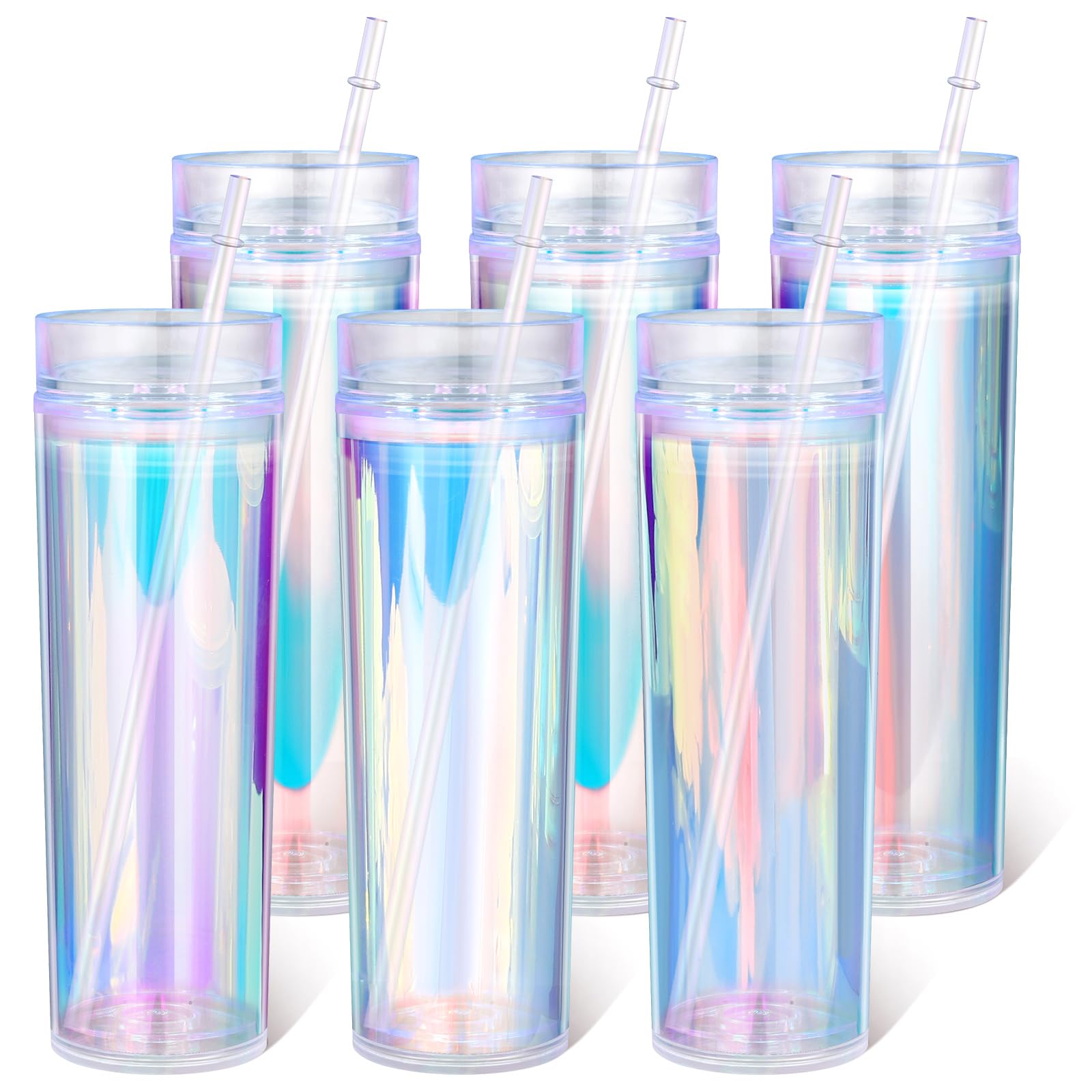 Tujoe Confezione da 6 bicchieri in plastica iridescente con cannuccia iridescente, tazza da caffè isolata con coperchio e cannucce, per addio al nubilato, discoteca, compleanno, matrimonio